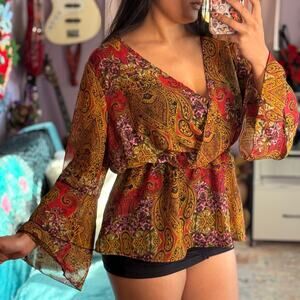 Vintage Y2K whimsigoth / boho red and gold multicolor blouse